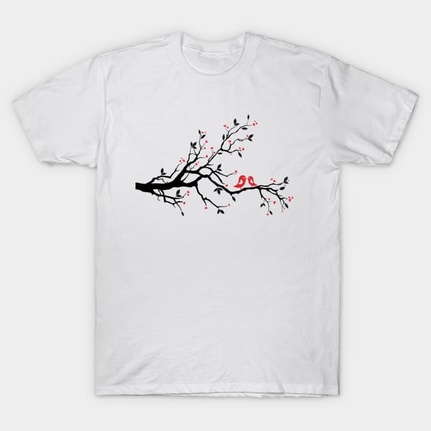 Kissing birds on love tree with red hearts T-Shirt by beakraus